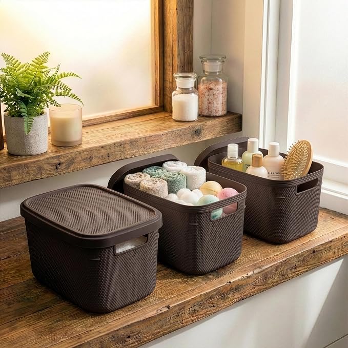 BINO | Plastic Storage Bins with Lids, 5.5 Liter - 3 Pack, Dark Brown | THE TWILL COLLECTION | Plastic Bins for Organization | Woven Storage Baskets for Organizing | Pantry Shelf Organizer Basket Bin
