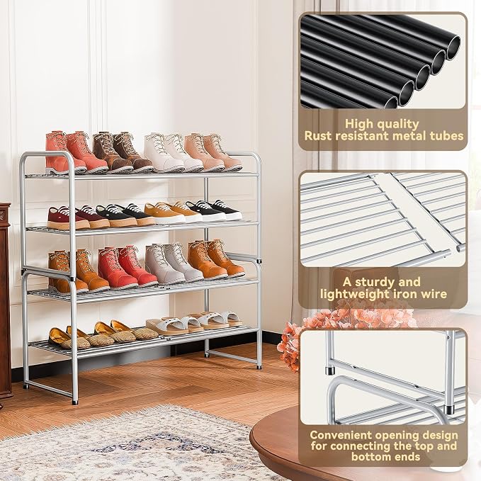 2 Pack Shoe Rack, 2-Tier Metal Stackable Shoe Shelf Storage Organizer, Heavy Duty Wire Shoe Stand for Entryway, Closet, Hallway, Holds 50 LBS, Gray