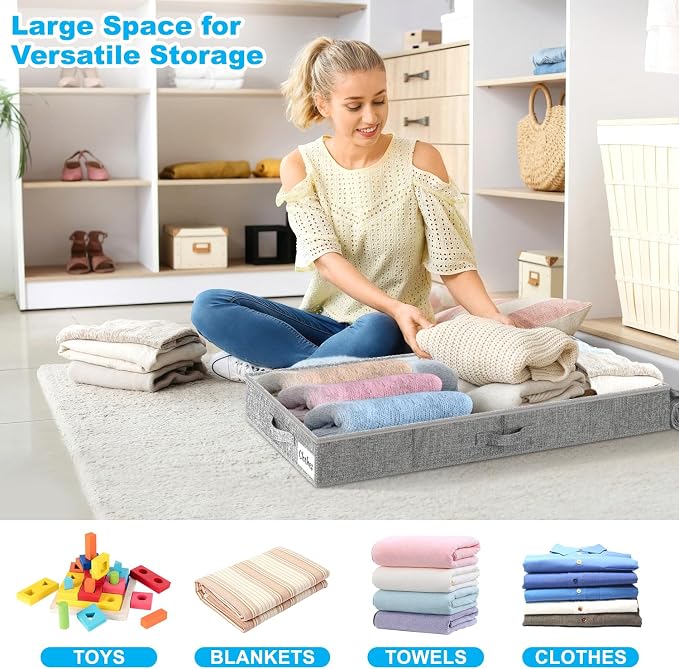Under Bed Storage Container Bins 4 Pack, 4 Inch Thin Low Profile Underbed Clothes Storage Organizer for Dorm & Home, Use for Blanket and Toy Storage Box W/ Sturdy Bottom/Sides, Foldable Thick Fabric