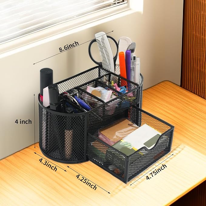 Newkita Desk Organizers and Accessories with Pencil Pen Holder Supply 8 Compartments and 1 Pullout Drawer for Home, School, and Office. (Black)