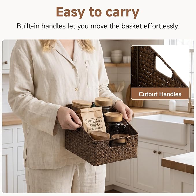 StorageWorks Pantry Baskets for Organizing, Wicker Baskets with Handles, Seagrass Storage Basket for Shelves, Woven Baskets for Pantry Storage, Brown, 2-Pack
