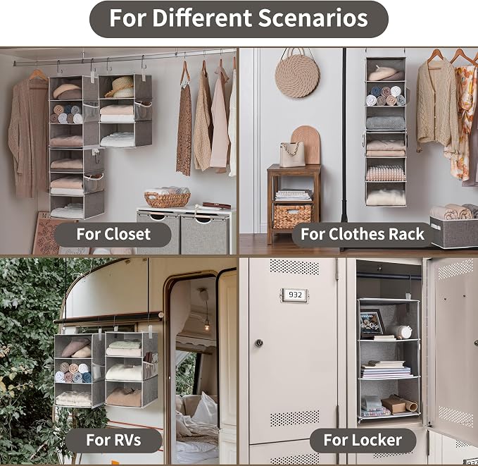 StorageWorks 6-Shelf Closet Organizers, Two 3-Shelf Separable Hanging Shelves for Closet, 12" D x 12" W x 48 ¼"H， Canvas, Gray