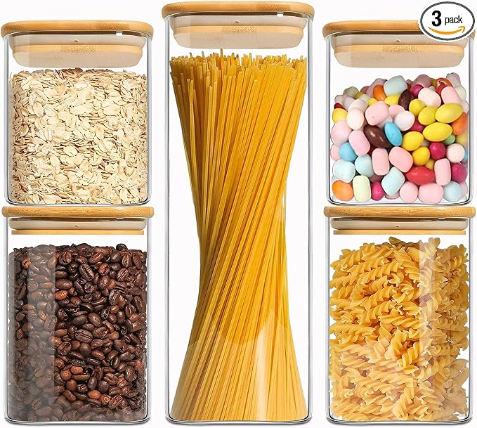 Glass Storage Containers with Lids, Clear Food Storage Container Jar with Sealing Bamboo Lid for Noodles Flour Cereal Rice Sugar Tea Coffee Beans (Square-5Pack)