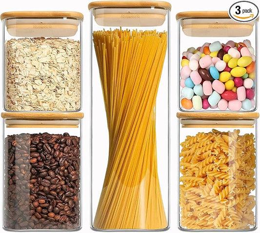 Glass Storage Containers with Lids, Clear Food Storage Container Jar with Sealing Bamboo Lid for Noodles Flour Cereal Rice Sugar Tea Coffee Beans (Square-5Pack)