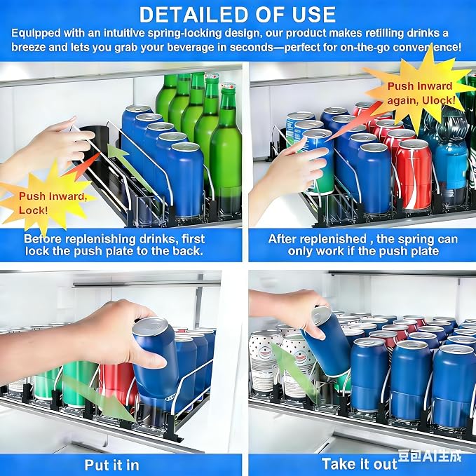 6 Rows Black Drink Organizer for Fridge, 3rd Gen Refrigerator Organizers and Storage, Automatic Pusher Glide and Adjustable Width Can Organizer for Refrigerator - Holds up to 30 Cans