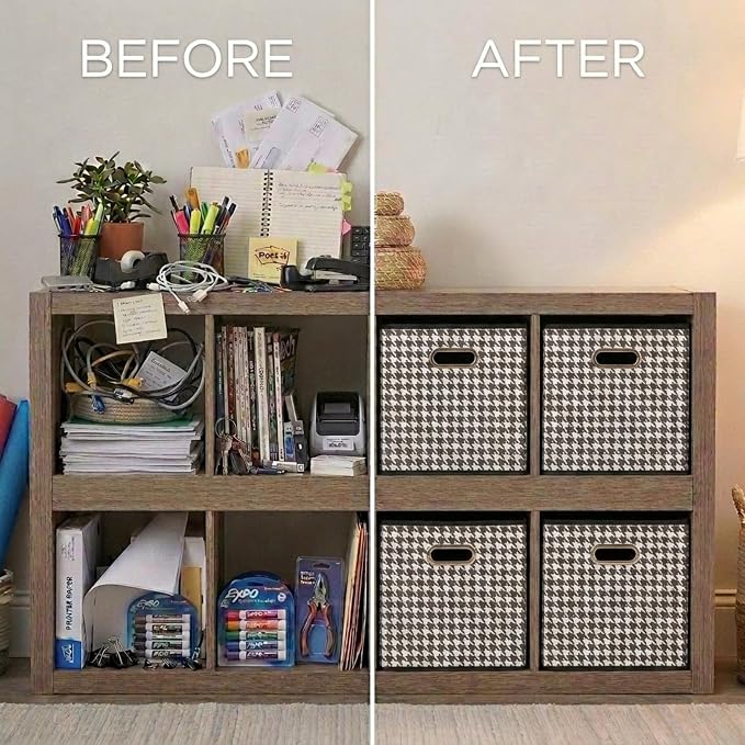 Household Essentials Foldable Fabric Storage Cubes 6-Pack – 11x11x11 Stackable Non-Woven Bins with Chipboard Sides & Grommet Handles – Closet, Shelf, Nursery, or Office Organizer – Houndstooth