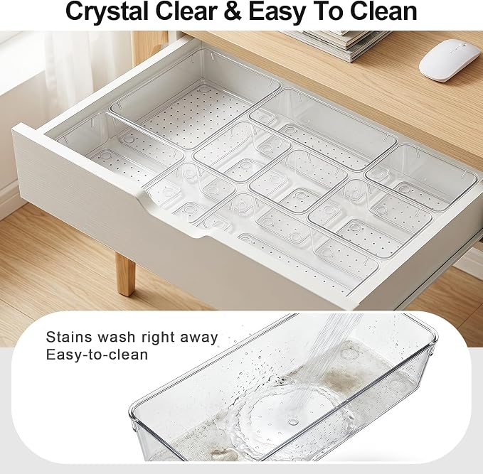 60 Pcs Makeup Drawer Organizer Set, 4 Sizes Versatile Bathroom and Vanity Drawer Organizer for Makeup, Non-Slip Desk Organizer Trays for Bedroom, Office, Fits Jewelry and Office Supplies