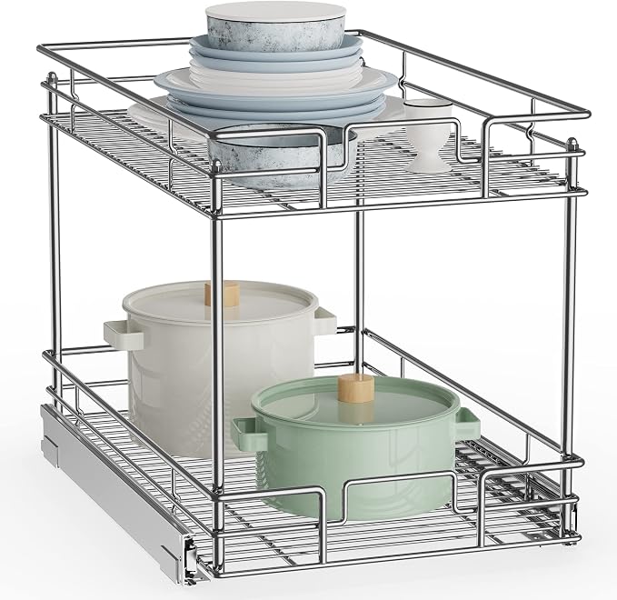 ROOMTEC New Version Pull Out Cabinet Organizer for Base Cabinet (14" W X 21" D), Kitchen Cabinet Organizer and Storage 2-Tier Cabinet Pull Out Shelves Under Cabinet Storage for Kitchen Silver,Chrome