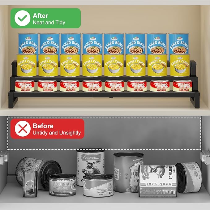Dmevkic 3-Tier Expandable Can Organizer for Pantry,Adjustable 15''-25'' Metal Can Organizer Holds Up to 24 Cans,Can Holder for Pantry Kitchen Cabinet Countertop,Black
