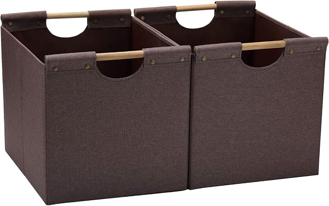 HOONEX Large Collapsible Storage Bins, Linen Fabric, 2 Pack, Storage Baskets with Wooden Carry Handles and Sturdy Heavy Cardboard, for Home, Office, Car, Nursery, Brown