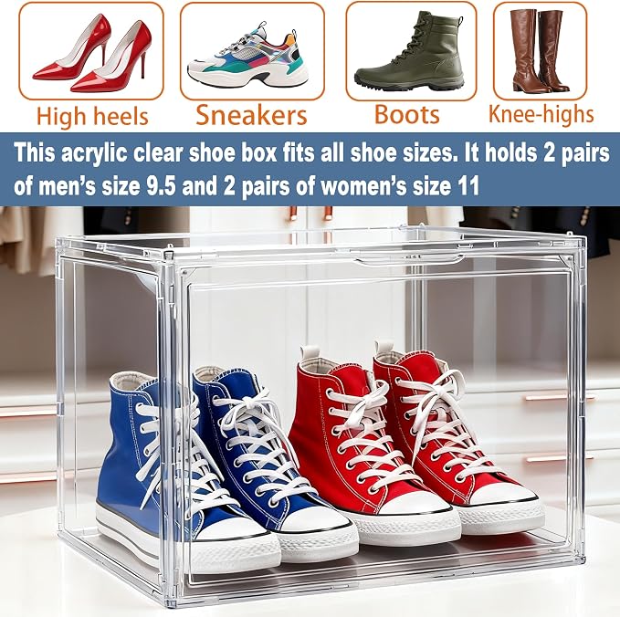 Extra XXX-Large Acrylic Display Case 17.3''x13''x13'' Super Large Figures Collectibles Helmet Showcase Tall Boot Shoe Boxes Clear Stackable Huge Storage Box with Magnetic Lid, 1 Pack with 2 Shoe Bags