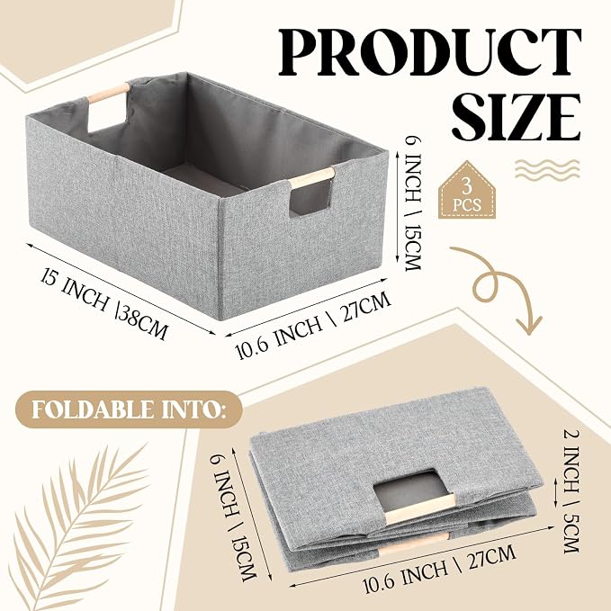Cinnvoice 3 Pack Fabric Storage Bins for Closet Shelves, 15 x 10.6 x 6 Inch Grey Rectangle Wardrobe Organizer with Handle, Collapsible Shelves Storage Basket for Sorting Clothes and Toy