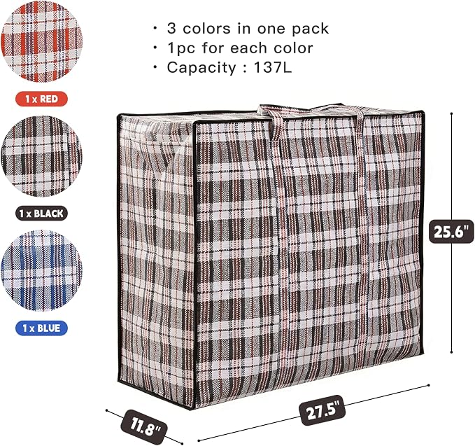 3 Pack 137L Large Moving Bags with Zippers & Handles, Heavy-Duty Tote Storage Bags Closet Organizers Laundry Bag, Dorm Room Essentials College Bags, 27.5" x 11.8" x 25.6", Red/Black/Blue