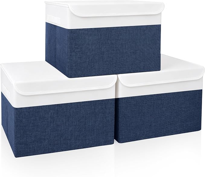Large 17" 42 Quarts Collapsible Stackable Storage Bins with Lids [3-Pack] Foldable Fabric Linen Storage Boxes Cube, Closet Organizer Baskets with Label for Home (16.7 x 12 x 12", Navy Blue & White)