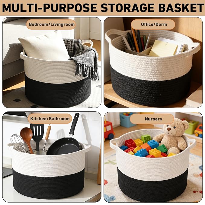 90L Extra Large Blanket Basket,Rope Woven Storage Basket with Handles, Laundry Hamper for Toys, Clothes, Pillows & Towels, Perfect for Living Room, Nursery & Bedroom,White&Black