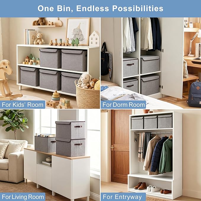 Bagnizer Large 17" 42 Quarts Collapsible Stackable Storage Bins with Lids [3-Pack] Foldable Fabric Linen Storage Boxes Cube, Closet Organizer Baskets with Label for Home (16.7 x 12 x 12, Gray)