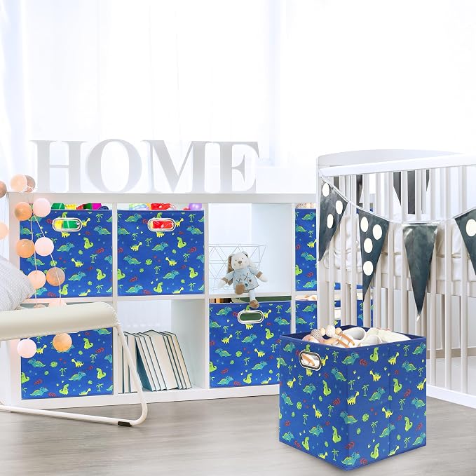 Simple Houseware 13-Inch Collapsible Fabric Cube Storage Bin with Handles, Printed Design, 3 Pack, Blue