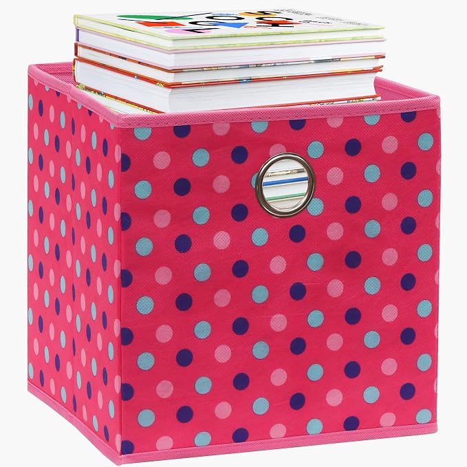 Simple Houseware 10-Inch Collapsible Fabric Cube Storage Bin with Handles, Printed Design, 6 Pack, Pink