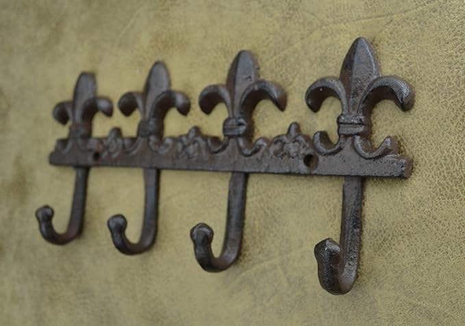 Lulu Decor, Cast Iron Fleur De Lis Key Hook Decorative Wall Hooks Antique cast Iron Hook Vintage Hook Key Holder Key Hook Hanger Wall Mount (Brown)