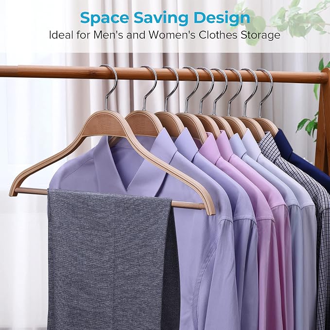 JS Hanger Wooden Coat Hangers, 10 Pack Light Weight Wood Coat/Suit Hangers with Non-Slip Pant Bar, Natural Finish