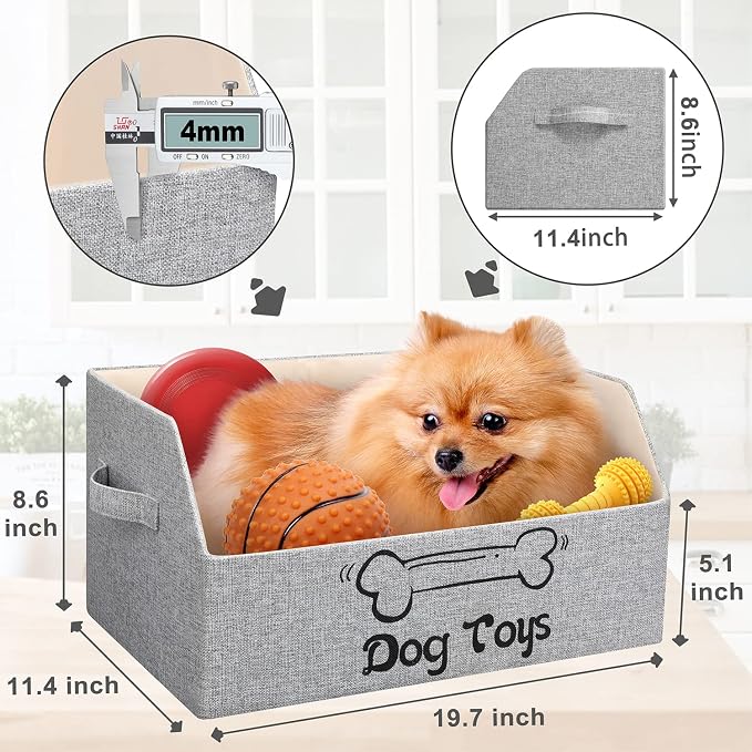 2X Thicker Large Dog Toy Collapsible Fabric Dog Toy Box and Storage Bin With Handle - Trapezoid Dog Toy Basket Chest Organizer for Pet Toys, Blankets and Accessories