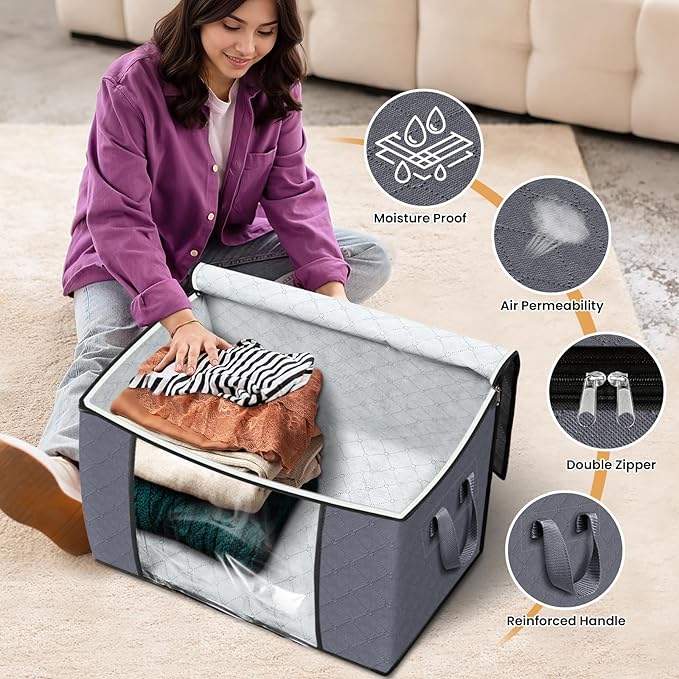 Fab totes 24 Gallons Clothes Storage, Foldable Thick Fabric Blanket Storage Bags, Containers for Organizing Bedroom, Closet, Clothing, Comforter, Organization with Handle (6 Pack,Grey)