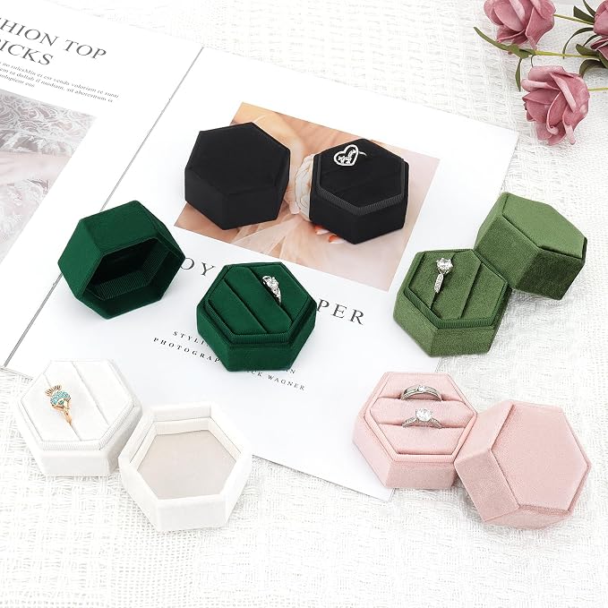 DesignSter Velvet Jewelry Ring Box,2 Slots Jewelry Ring Gift Box Vintage Ring Display Holder with Detachable Lid for Proposal, Engagement, Wedding, Ceremony(Peach pink)