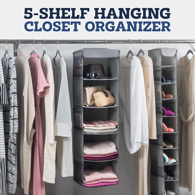 ZOBER Hanging Closet Organizer, 5-Shelf - Hanging Storage Organizer Shelves for Clothes, Towels, Toys - College Dorm Room, Nursery, & Home Closet
