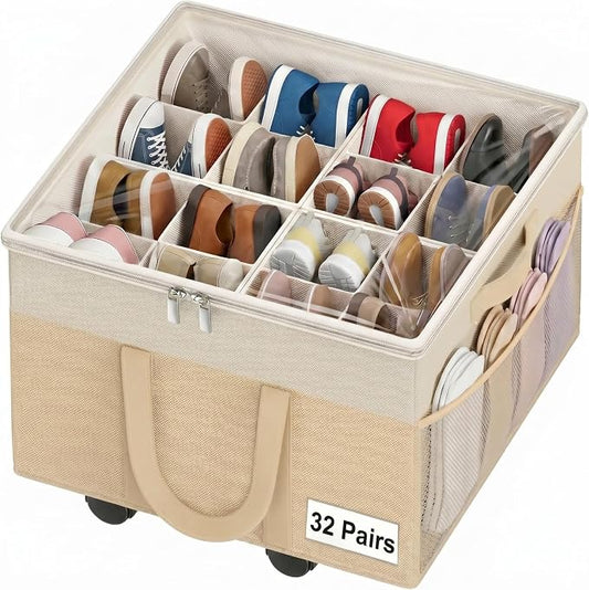 Large Shoe Organizer for Closet, 16 Pairs Shoe Storage Box with 360° Wheels & Reinforced Handles, Adjustable Dividers, Clear Cover, Side Pocket, Foldable Oxford Fabric Bin for Entryway, Beige