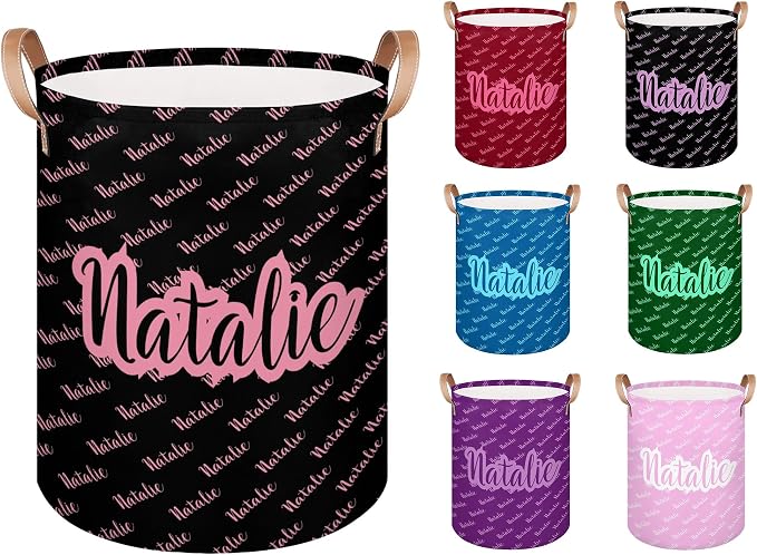 Personalized Laundry Basket, Custom Gift Laundry Hamper, Collapsible Nursery Waterproof Laundry Baskets, Dirty Clothes Toy Hamper with Handles Name Pink Black