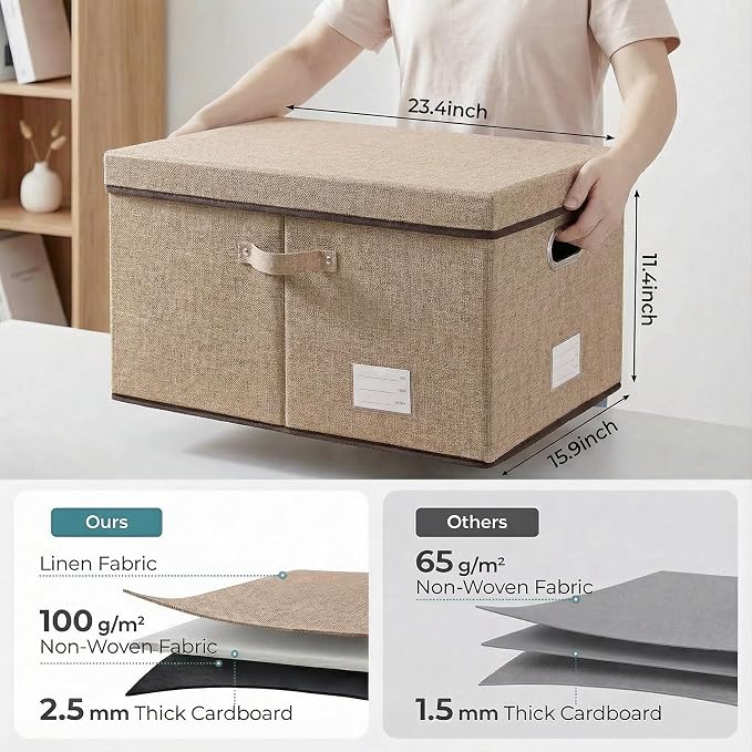 PRANDOM Storage Bins with Lids [3-Pack] Jute Fabric Foldable Storage Boxes Organizer Containers Baskets Cube with Cover for Home Bedroom Closet Office Nursery khaki（23.4X15.9X11.5