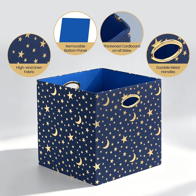 Posprica 11x11x11 Storage Cube Bins, Collapsible Storage Bins Fabric Storage Cubes Organizer Baskets Box Drawers for Shelves, Closet, Wardrobe, Bookshelf, Cabinet Blue-Moonstar, 4 Pack