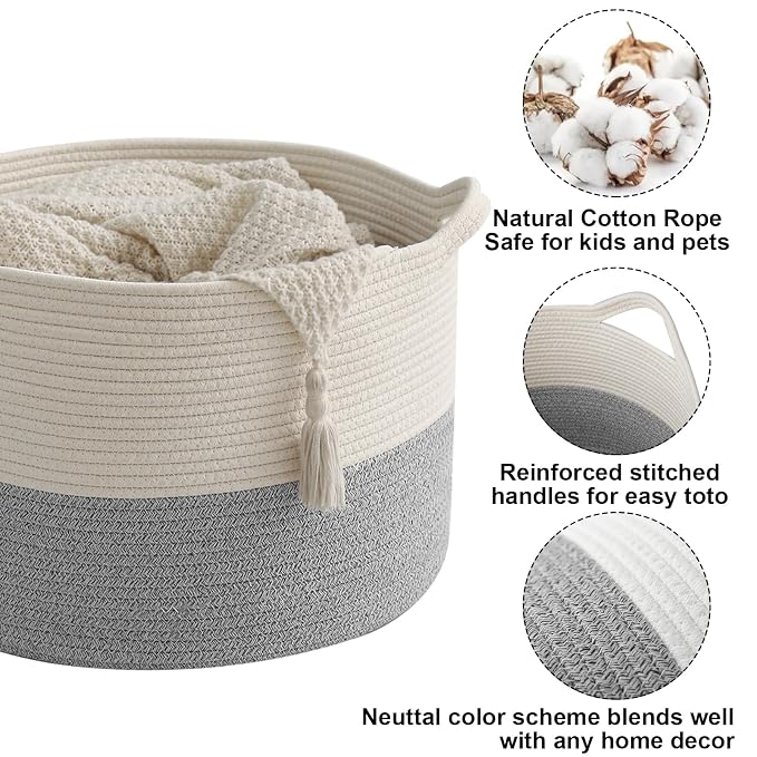 115L Extra Large Woven Cotton Rope Blanket Basket with Handles, Laundry Hamper Storage Bin for Pillows, Comforters,Clothes, Bedroom and Living Room Organization,White&Grey