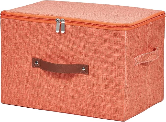 Storage Bins with Zipper Lid Cotton Linen Fabric Lidded Storage Baskets Boxes Foldable Washable Closet Shelf Clothes Organizer Container with PU Leather Handles (Orange, Large)