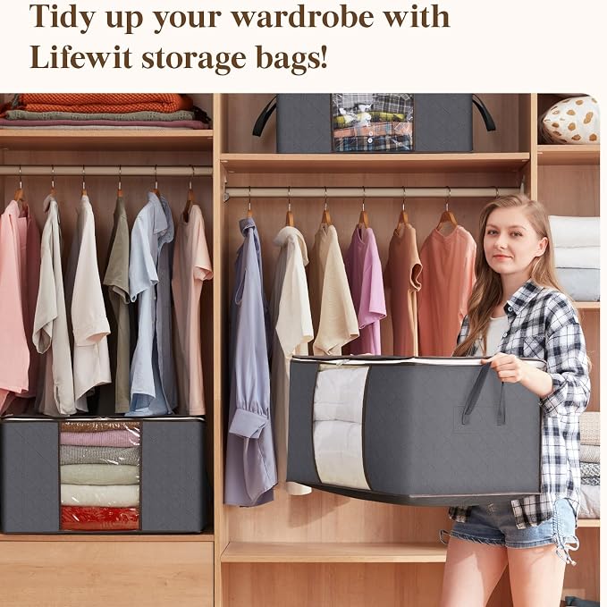 Lifewit 3 Pack 90L Clothes Storage Bins with Lids, Foldable Blanket Storage Bags with Zippers, Clear Window and Reinforced Handles, Closet and Organization for Clothing, Sweater, Comforter, Bedding