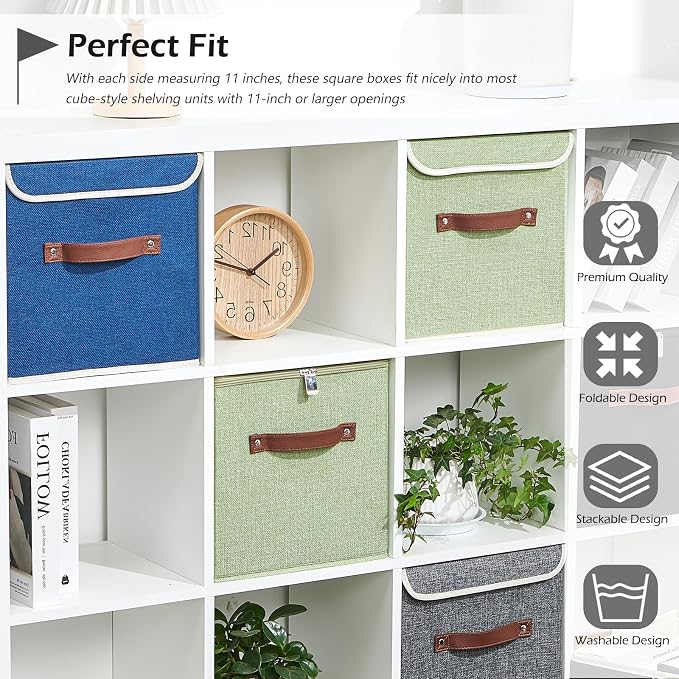 2PCS Storage Cubes with Lid Fabric Storage Bins Boxes PU Leather Handles Cotton Linen Closet Organizer Container Decorative Foldable Washable Shelf Cloth Basket (Zipper Lid, Green, 11in)