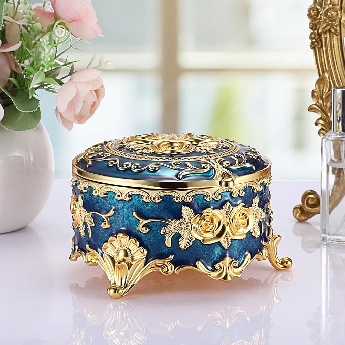 Hipiwe Vintage Jewelry Box Metal Keepsake Box Round Treasure Storage Case for Ring Earrings Necklace Holder Wedding Birthday Gift for Woman, Blue, 5.7" L x 5.1" W x 3.5" H