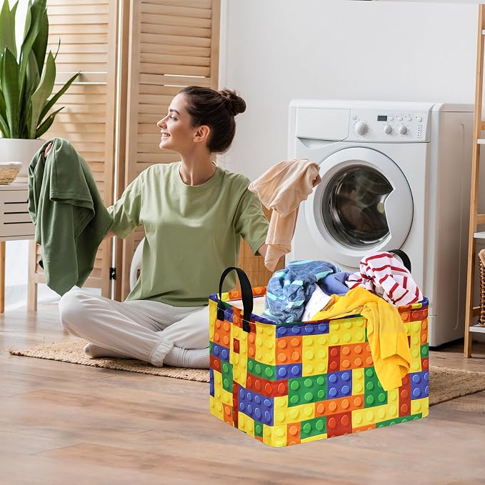Colorful Building Blocks Print Storage Basket, Waterproof Lining Organizer Bins, Leather Handles, Collapsible for Kids Toys, Clothes, Laundry, Gift Basket