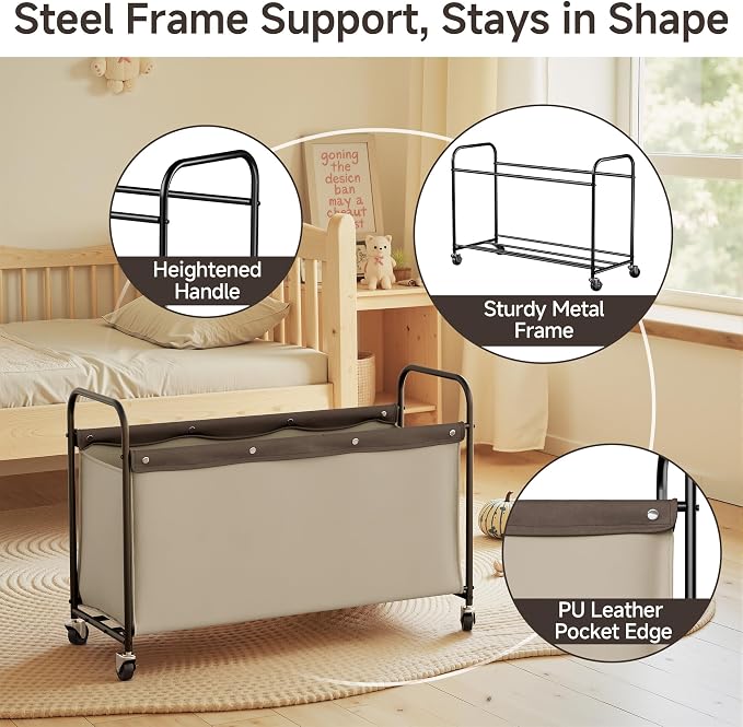 StorageWorks Toy Box with Wheels for Kids, 135L Large Toy Storage Chest and Organizer, 23" Metal Toybox with 360° Swivel Wheels for Bedroom, Kids Room, Stuffed Animal Storage, Light Khaki
