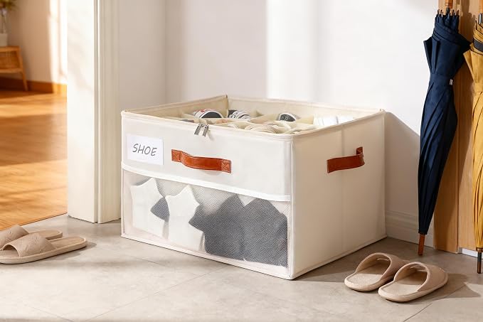 Shoe Organizer for Closet, Shoe Storage Box, Foldable Shoe Box with Adjustable Dividers and Clear Cover, Closet Shoe Organizer Fits up to 16-32 Pairs, Extra Storage Pocket for Socks (2 Pack)