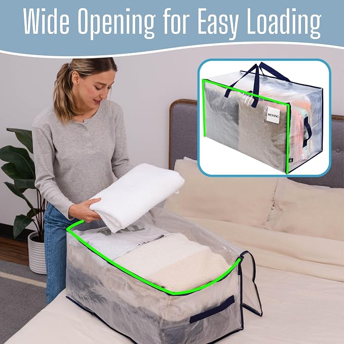 VENO 2 Pack Clear Extra Large Moving Bags & Storage Totes, Heavy Duty Organizer with Reinforced Handles & Strong Zippers for Clothes, College Dorm Essentials, Moving Supplies