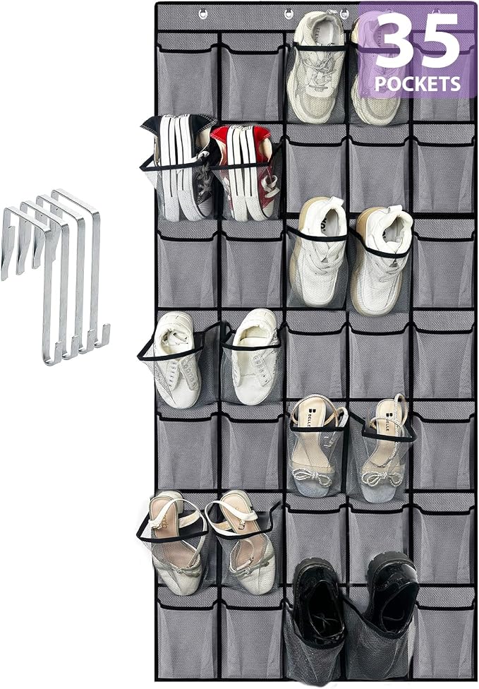 homyfort 35 Large Pockets Over the Door Shoe Organizer, Extra Sturdy Oxford Fabric Hanging Shoe Rack for Door Closet, Wall Mesh Shoe Storage Holder for Mens Women Shoes (Grey)