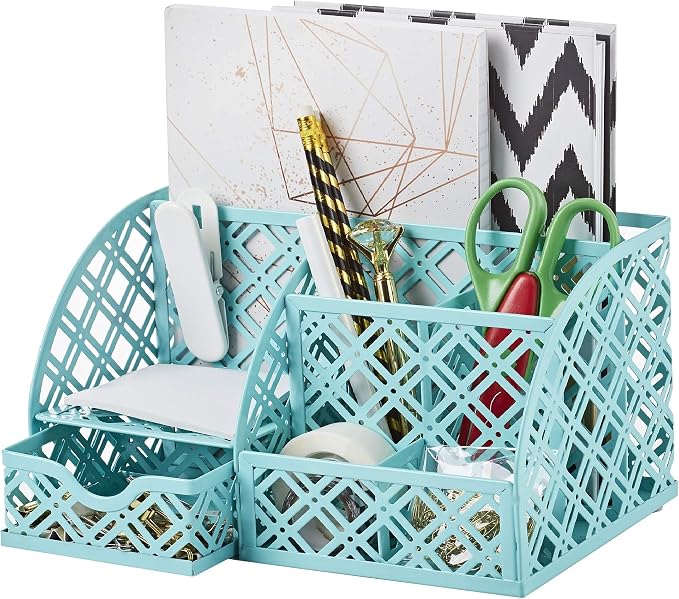 Exerz Desk Organizer Turquoise Office Desk Accessories Supplies Office Storage Desktop Pencil Pen Holder with Drawer Home Workspace