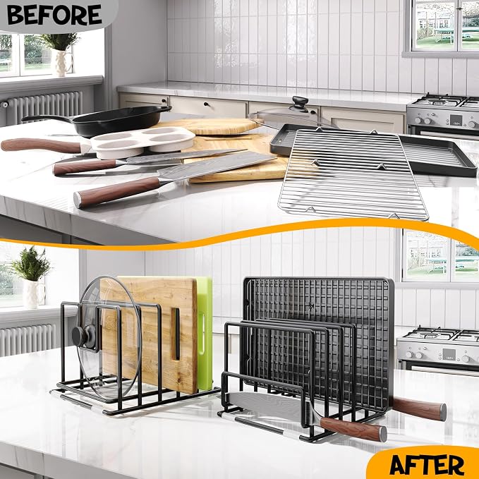 2 Pack Cutting Board Organizer and Pot Lid Holder, Kitchen Cabinet Organizer Rack with 7 & 5 Compartments, Heavy-Duty Iron Baking Sheet Pan Organizer with Non-Slip Base, Space-Saving Kitchen Storage