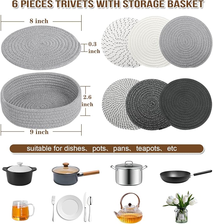 8 Inch Trivets for Hot Dishes, 6 Pcs Cotton Hot Pads with Basket | Large 8-inch cotton trivets for hot pots and dishes; basket adds easy storage and farmhouse style