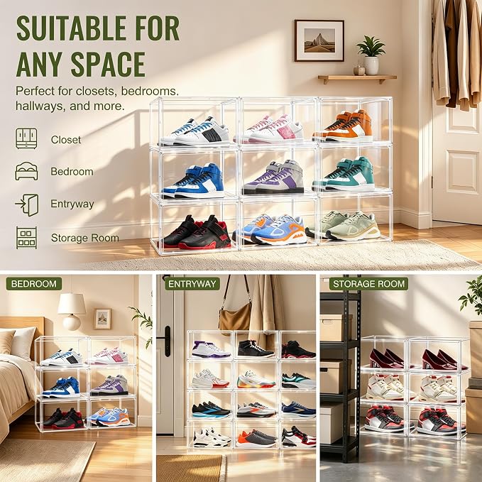 10 Pack Acrylic Shoe Boxes,Stackable Organizer for Everyday Footwear | Fits size 14 sneakers, casual shoes and athletic footwear. Clear acrylic design with magnetic door & dustproof storage.1 Pack