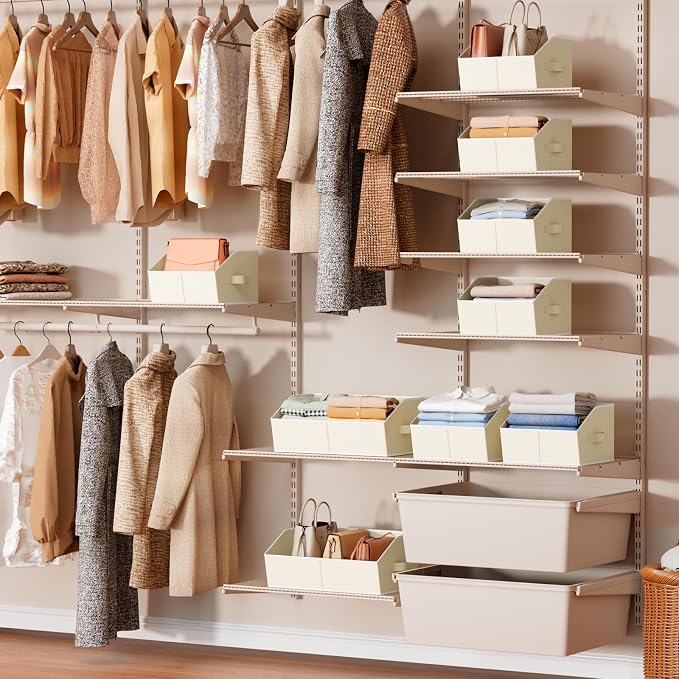 Homsorout Storage Bins for Shelves - Large Trapezoid Closet Shelf Organizer, Fabric Organization Bins with Handles, Storage Baskets for Clothes, Towel, Purse, 6 Pack, Beige