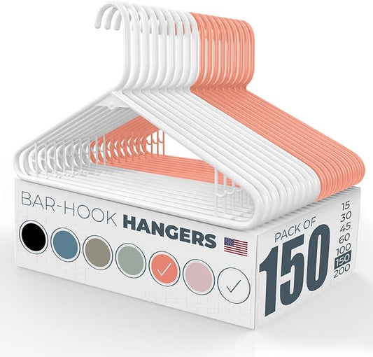Plastic Hangers 100+ Pack (150 Count) – Made in the USA – 6lb Capacity Standard Clothes Hangers with Strap Hooks for Dresses, Lingerie, Shirts, Pants, and Jackets – White & Peach