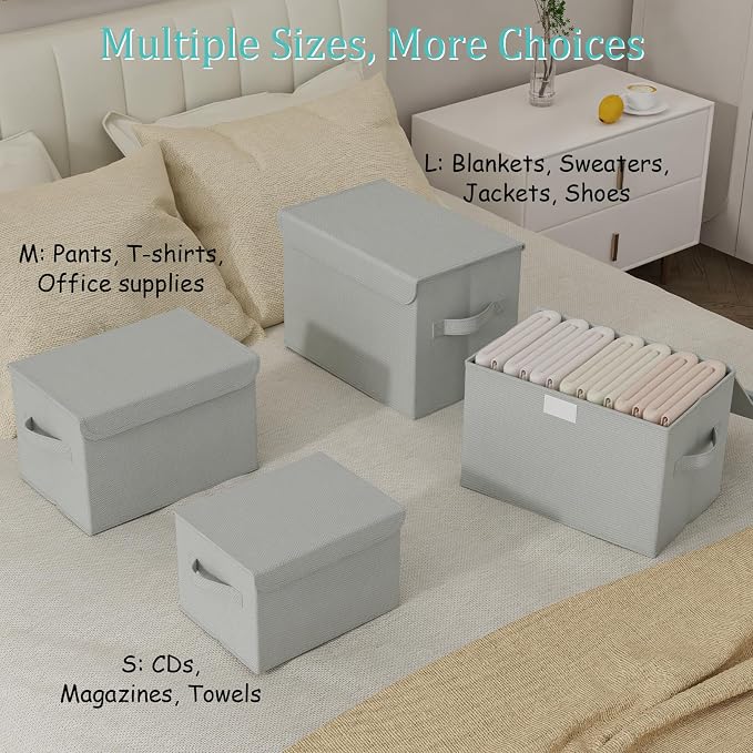 Foldable Storage Bins, Closet Boxes, 4 Pack, Grey, 13x9x7.9 In | Cube Organizer Basket with Flip-Top Lid and 2 Handles, Decorative Boxes for Shelves with Cover for Clothes, Towels, Blanket