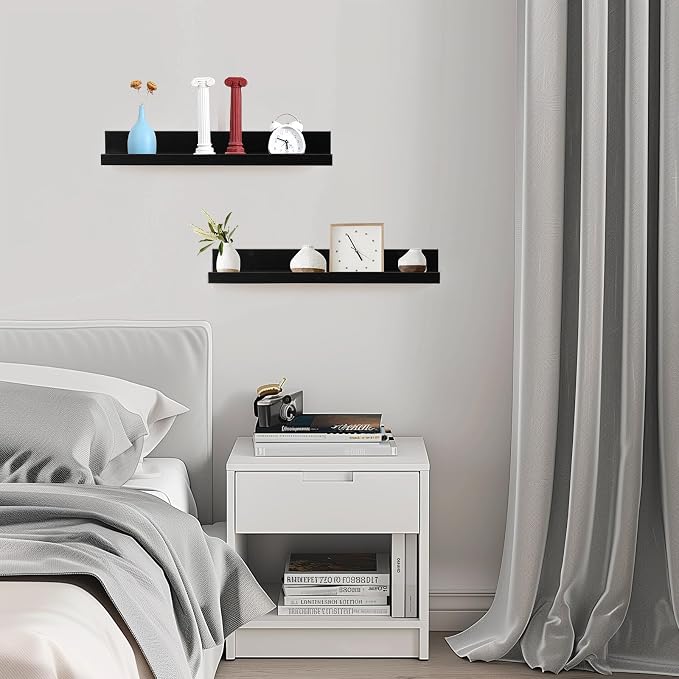 Muzilife 24" Small Floating Wall Ledge Shelves with Lip - Set of 2 Wood Floating Shelves - Black Wall Mounted Picture Ledge for Office, Bathroom, Bedroom, Living Room, Kitchen